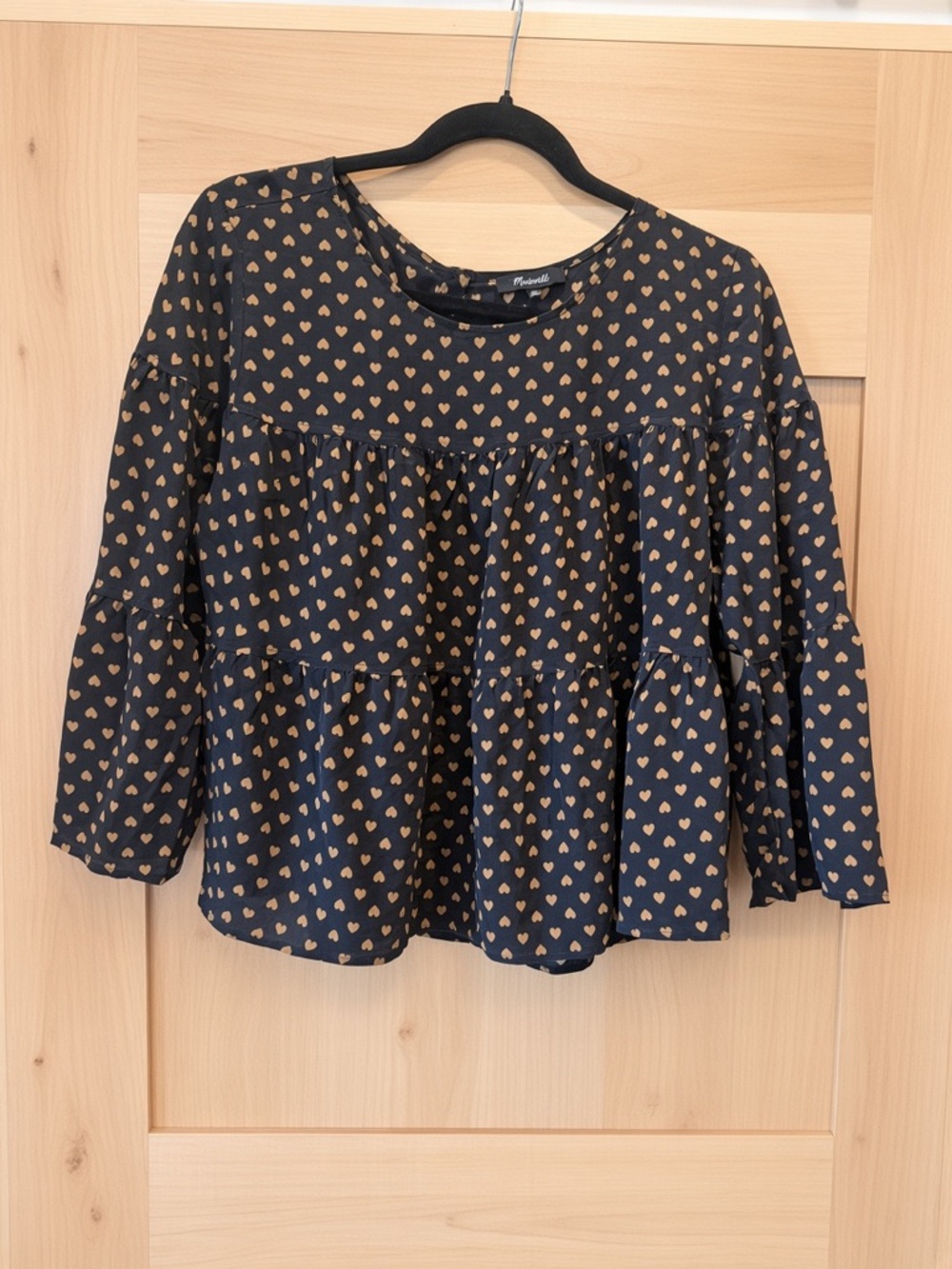 Madewell 100% Silk Heart Flip Tiered Blouse XL Black Gold Button-Back